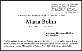 Traueranzeige von Maria Böhm von Rüsselsheimer Echo, Groß-Gerauer-Echo, Ried Echo