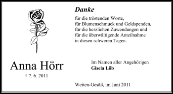 Traueranzeige von Anna Hörr von Odenwälder Echo
