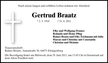 Traueranzeige von Gertrud Braatz von Darmstädter Echo, Odenwälder Echo, Rüsselsheimer Echo, Groß-Gerauer-Echo, Ried Echo
