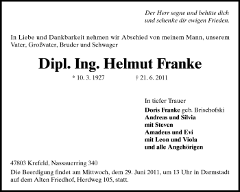 Traueranzeige von Helmut Franke von Darmstädter Echo, Odenwälder Echo, Rüsselsheimer Echo, Groß-Gerauer-Echo, Ried Echo