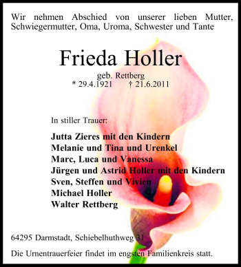 Traueranzeige von Frieda Holler von Echo-Zeitungen (Gesamtausgabe)