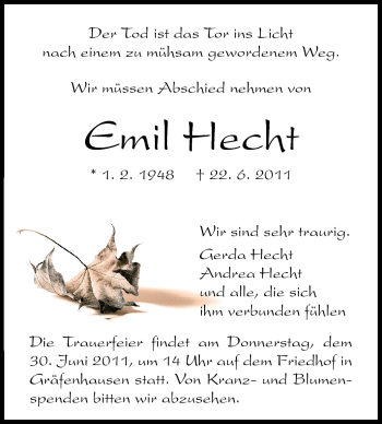 Traueranzeige von Emil Hecht von Echo-Zeitungen (Gesamtausgabe)