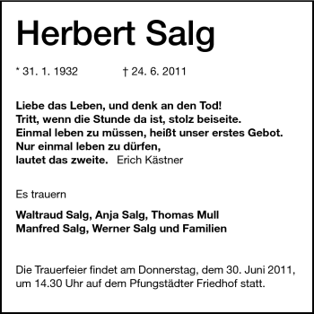 Traueranzeige von Herbert Salg von Echo-Zeitungen (Gesamtausgabe)