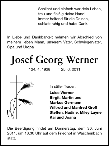 Traueranzeige von Josef Georg Werner von Echo-Zeitungen (Gesamtausgabe)