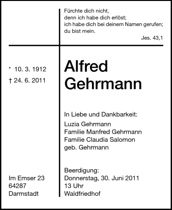 Traueranzeige von Alfred Gehrmann von Echo-Zeitungen (Gesamtausgabe)