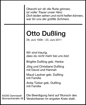Traueranzeige von Otto Dußling von Darmstädter Echo, Odenwälder Echo, Rüsselsheimer Echo, Groß-Gerauer-Echo, Ried Echo