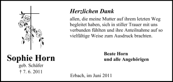 Traueranzeige von Sophie Horn  von Odenwälder Echo
