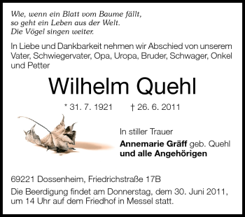 Traueranzeige von Wilhelm Quehl von Echo-Zeitungen (Gesamtausgabe)
