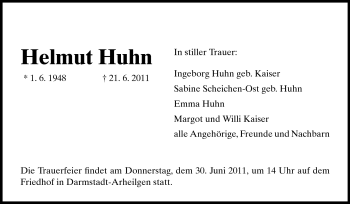 Traueranzeige von Helmut Huhn von Darmstädter Echo, Odenwälder Echo, Rüsselsheimer Echo, Groß-Gerauer-Echo, Ried Echo