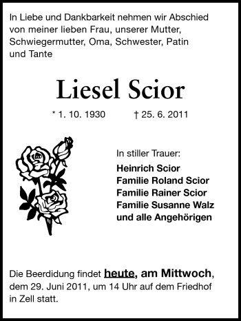 Traueranzeige von Liesel Scior von Odenwälder Echo