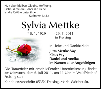 Traueranzeige von Sylvia Mettke von Odenwälder Echo