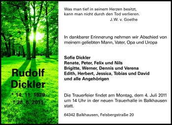 Traueranzeige von Rudolf Dickler von Echo-Zeitungen (Gesamtausgabe)