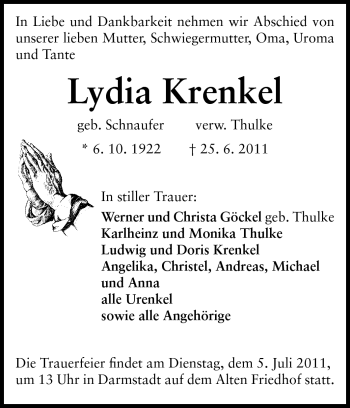 Traueranzeige von Lydia Krenkel von Darmstädter Echo, Odenwälder Echo, Rüsselsheimer Echo, Groß-Gerauer-Echo, Ried Echo