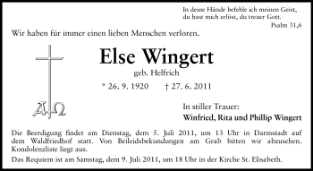Traueranzeige von Else Wingert von Echo-Zeitungen (Gesamtausgabe)