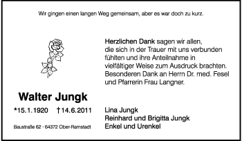Traueranzeige von Walter Jungk von Echo-Zeitungen (Gesamtausgabe)