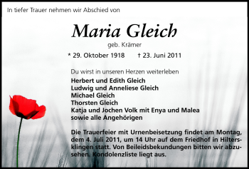 Traueranzeige von Maria Gleich von Odenwälder Echo