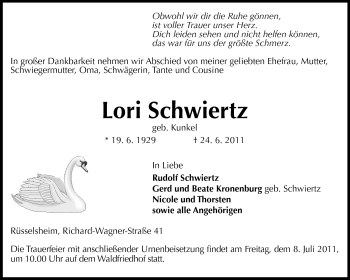 Traueranzeige von Lori Schwiertz von Rüsselsheimer Echo, Groß-Gerauer-Echo, Ried Echo