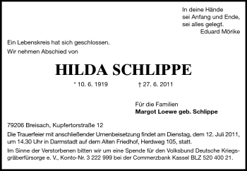 Traueranzeige von Hilda Schlippe von Echo-Zeitungen (Gesamtausgabe)