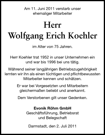 Traueranzeige von Wolfgang Köhler von Echo-Zeitungen (Gesamtausgabe)