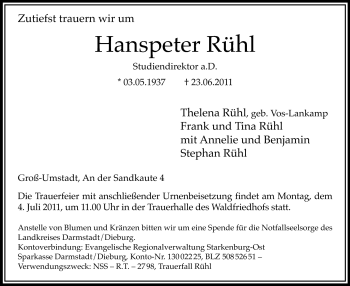 Traueranzeige von Hanspeter Rühl von Echo-Zeitungen (Gesamtausgabe)