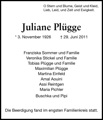 Traueranzeige von Juliane Plügge von Echo-Zeitungen (Gesamtausgabe)