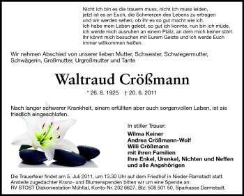 Traueranzeige von Waltraud Crößmann von Darmstädter Echo, Odenwälder Echo, Rüsselsheimer Echo, Groß-Gerauer-Echo, Ried Echo