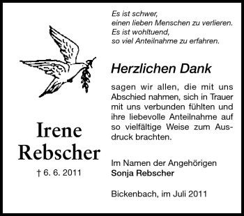 Traueranzeige von Irene Rebscher von Echo-Zeitungen (Gesamtausgabe)
