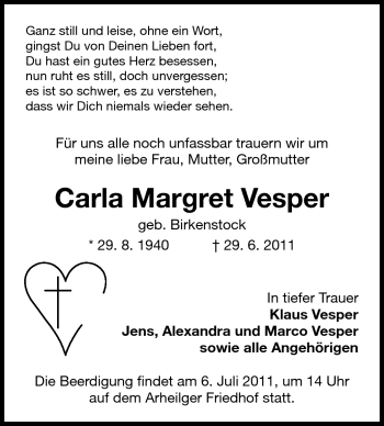 Traueranzeige von Carla Margret Vesper von Echo-Zeitungen (Gesamtausgabe)