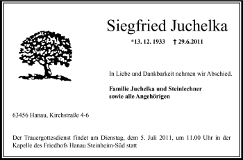 Traueranzeige von Siegfried Juchelka von Echo-Zeitungen (Gesamtausgabe)