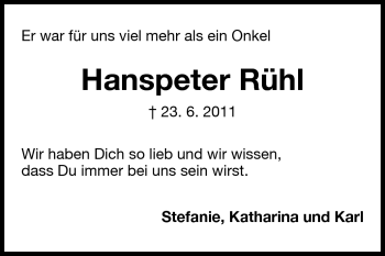 Traueranzeige von Hanspeter Rühl von Echo-Zeitungen (Gesamtausgabe)