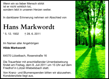 Traueranzeige von Hans Markwordt von Odenwälder Echo