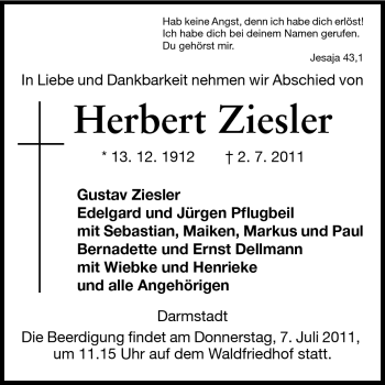 Traueranzeige von Herbert Ziesler von Echo-Zeitungen (Gesamtausgabe)