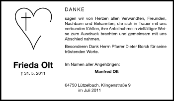 Traueranzeige von Frieda Olt von Odenwälder Echo