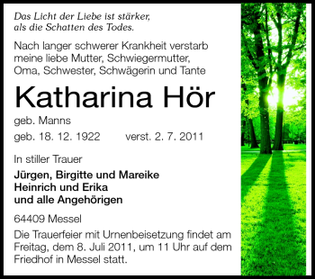 Traueranzeige von Katharina Hör von Echo-Zeitungen (Gesamtausgabe)