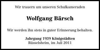 Traueranzeige von Wolfgang Bärsch  von Rüsselsheimer Echo, Groß-Gerauer-Echo, Ried Echo