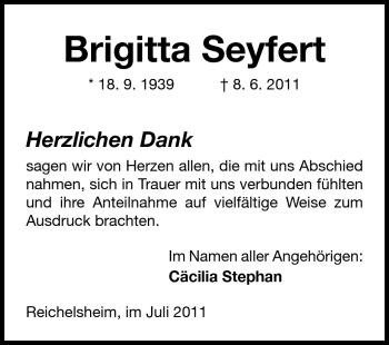 Traueranzeige von Brigitta Seyfert von Odenwälder Echo