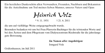 Traueranzeige von Heinrich Volz von Darmstädter Echo, Odenwälder Echo, Rüsselsheimer Echo, Groß-Gerauer-Echo, Ried Echo