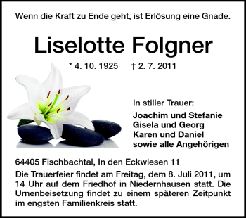 Traueranzeige von Liselotte Folgner von Echo-Zeitungen (Gesamtausgabe)