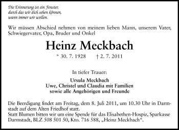 Traueranzeige von Heinz Meckbach von Darmstädter Echo, Odenwälder Echo, Rüsselsheimer Echo, Groß-Gerauer-Echo, Ried Echo