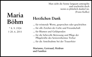 Traueranzeige von Maria Böhm von Rüsselsheimer Echo, Groß-Gerauer-Echo, Ried Echo