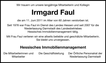 Traueranzeige von Irmgard Faul von Echo-Zeitungen (Gesamtausgabe)