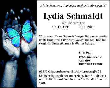 Traueranzeige von Lydia Schmaldt von Echo-Zeitungen (Gesamtausgabe)