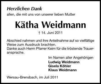 Traueranzeige von Kätha Weidmann von Odenwälder Echo