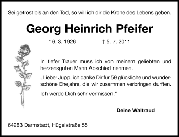Traueranzeige von Georg Heinrich Pfeifer von Darmstädter Echo, Odenwälder Echo, Rüsselsheimer Echo, Groß-Gerauer-Echo, Ried Echo