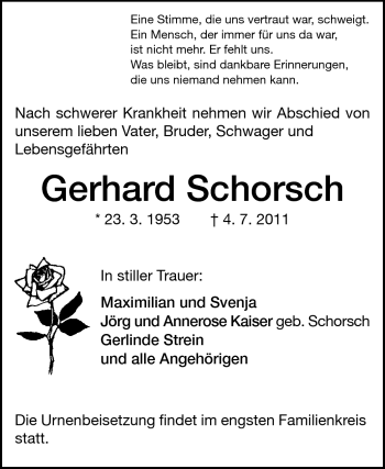 Traueranzeige von Gerhard Schorsch von Rüsselsheimer Echo, Groß-Gerauer-Echo, Ried Echo
