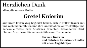 Traueranzeige von Gretel Knierim von Odenwälder Echo