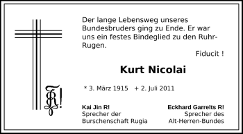 Traueranzeige von Kurt Nicolai von Echo-Zeitungen (Gesamtausgabe)