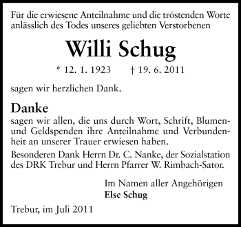Traueranzeige von Willi Schug von Rüsselsheimer Echo, Groß-Gerauer-Echo, Ried Echo