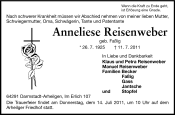 Traueranzeige von Anneliese Reisenweber von Echo-Zeitungen (Gesamtausgabe)