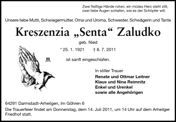 Traueranzeige von Kreszenzia Zaludko von Echo-Zeitungen (Gesamtausgabe)